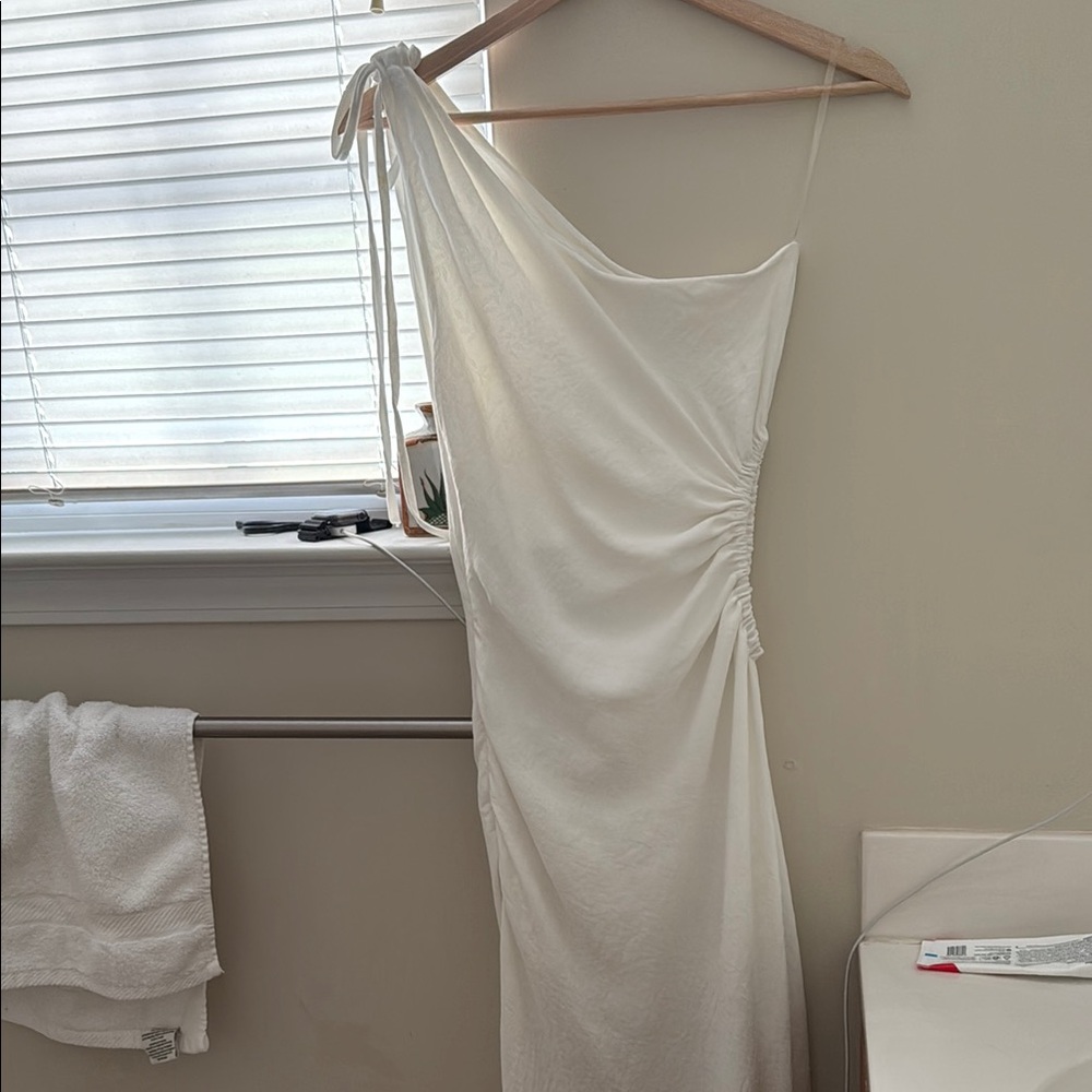 White Asymmetrical Ruched One-Shoulder Dress